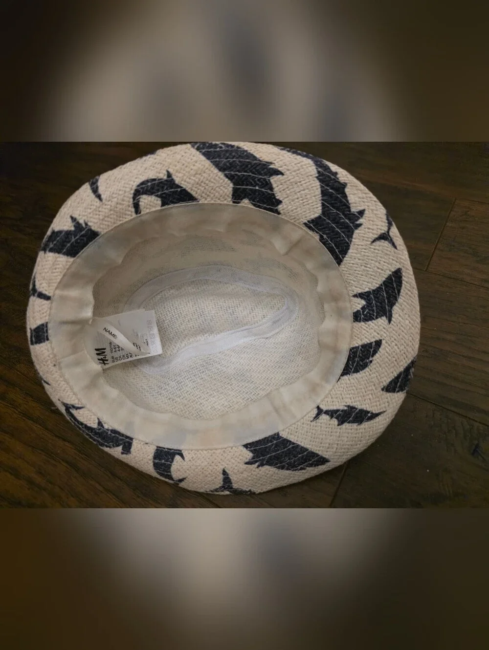 H&M Navy Shark Print Straw Bucket Hat - Cream